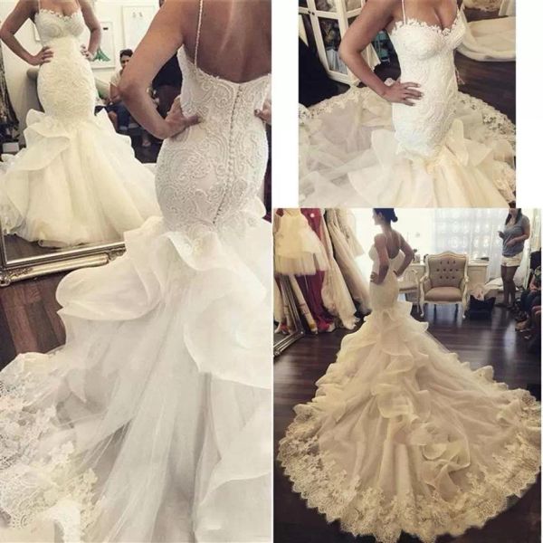 

2022 designer mermaid wedding dresses bridal gown spaghetti straps lace applique ruffles custom made ruched south african beach vestidos de, White