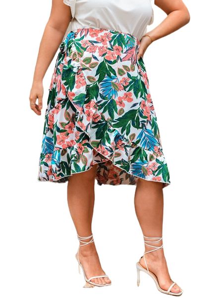 

plus tropical print knot side ruffle trim wrap skirt j8xs#, Black
