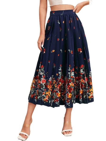 

floral print pleated skirt y48n#, Black