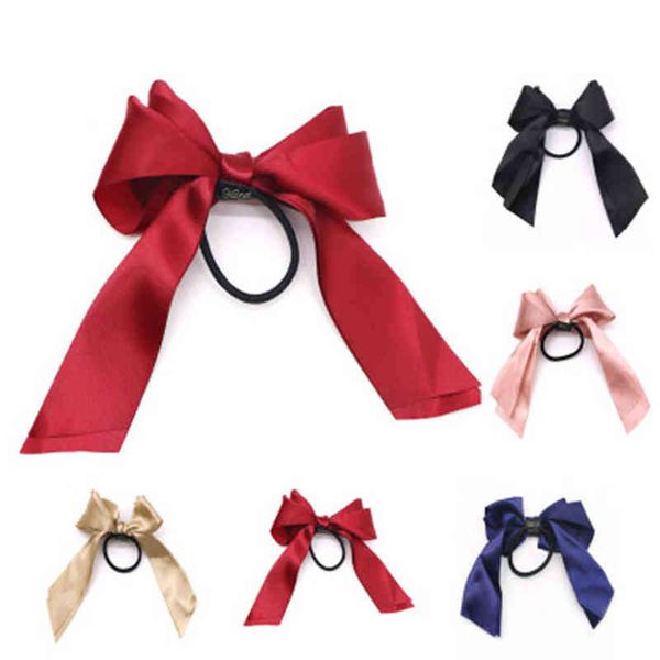 

women rubber bands tiara satin ribbon hair bow elastic hair band rope scrunchies ponytail holder gum for girls hair accessories aa220323, Pink