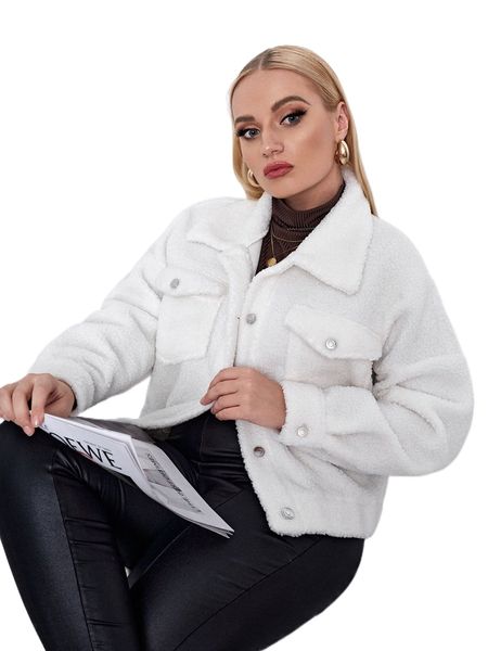 

plus drop shoulder flap pocket teddy jacket u2f0#, Black