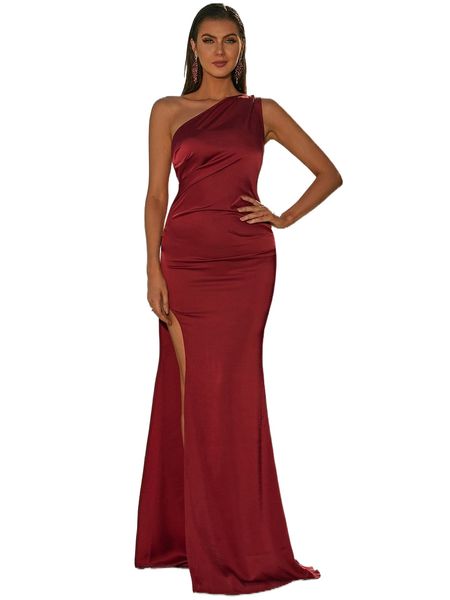 

missord one shoulder split thigh floor bodycon dress c36m#, Black;gray