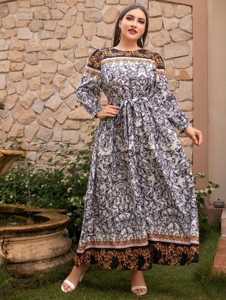 

plus baroque print bishop sleeve belted dress h8l0#, Black