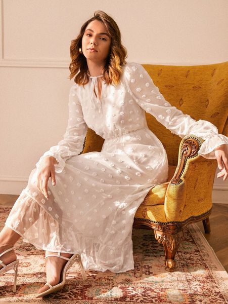 

tie neck swiss dot flounce sleeve dress l1zd#, Black;gray