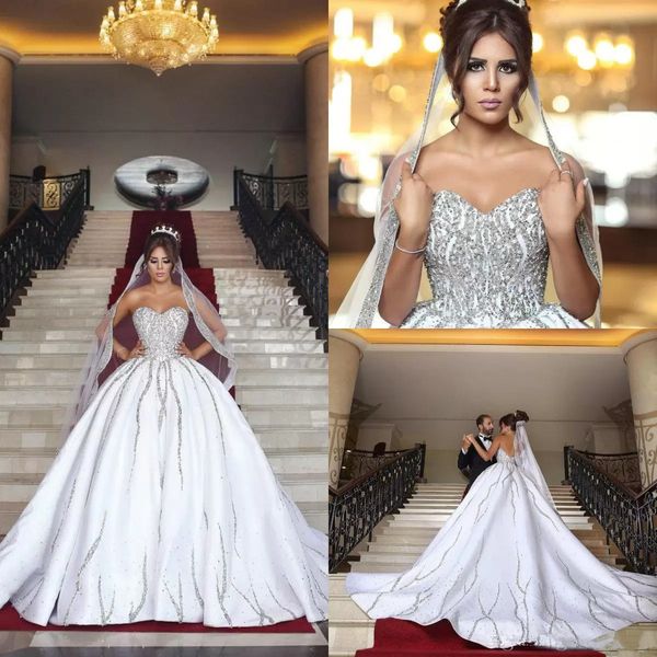 

dubai arabic ball gown bling luxury beading sequins wedding dresses plus size sweetheart backless sweep train bridal gowns with veil, White