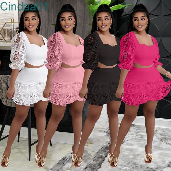 

womens two piece skirt set fashion lace stitching leisure solid color backless short skirts outfits, White