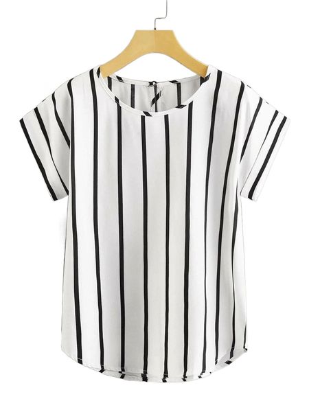 

plus striped button keyhole back blouse h8xx#, Black