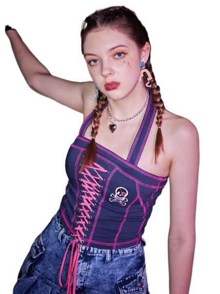 

romwe stitching trim lace up skull embroidery halter z3av#, White