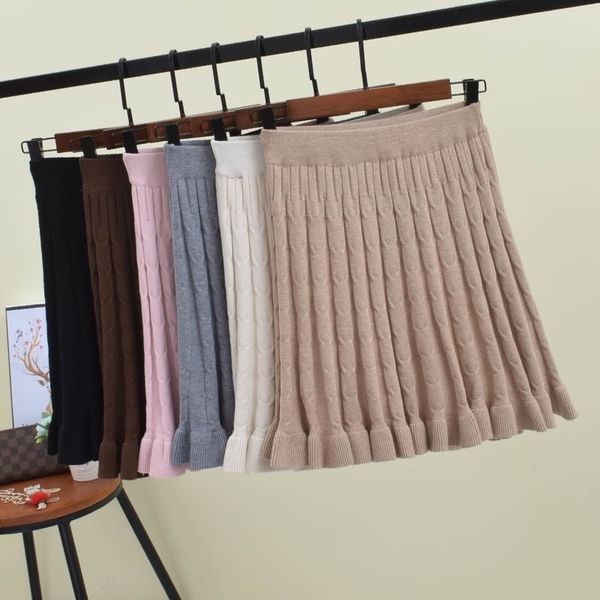 

women knitted skirt autumn winter solid elastic high waist short skirts umbrella pleated skirt female mini ruffle skirt y200326, Black