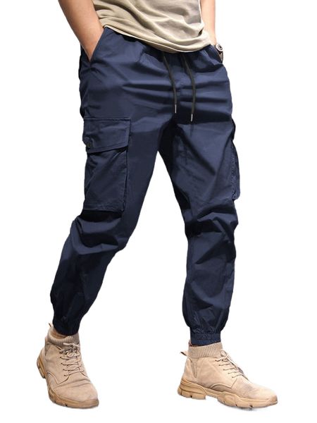 

men drawstring waist cargo pants l6yd#, Black
