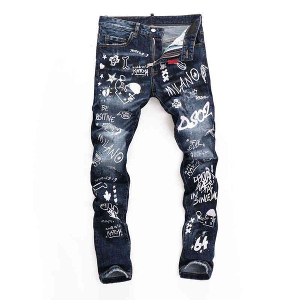 

men's jeans 2022 denim pants men's slim fit feet casual wash full graffiti print micro elastic fashion brand 5lfk, Blue