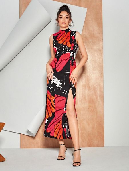 

x israel jasso mock neck high split tie back dress g88h#, Black;gray