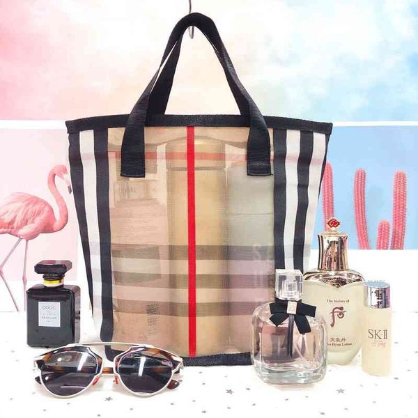 

cosmetic bag women handbag wash bags travel fashion plaid transparent mesh bucket makeup handbags toiletry storage beach swimming shopper