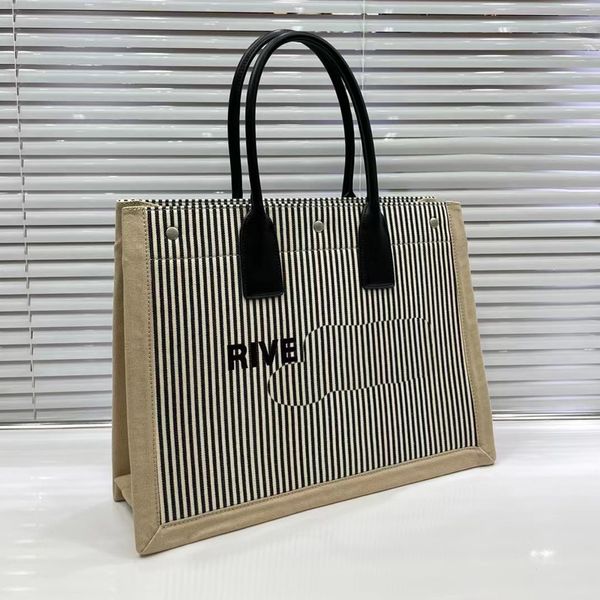 Rive Gauche Tote Bolsa de Compras Bolsa de Lona Feminina Bolsas de Ombro em Couro Real Alça com Fecho de Pressão Letra Moda Bolso de Grande Capacidade Bolsas de Praia de Verão