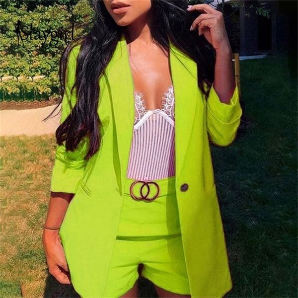 

summer work ol two piece set blazer jacket and shorts 2 piece set women belt 34 sleeve women two piece outfitsg30 t200603, White