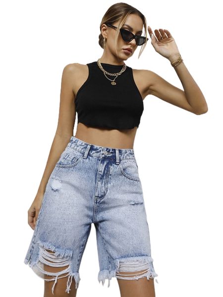 

high waist ripped raw hem denim shorts v045#, White;black