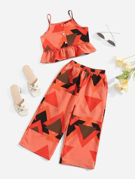 

toddler girls geo print ruffle hem cami and pants set she, White