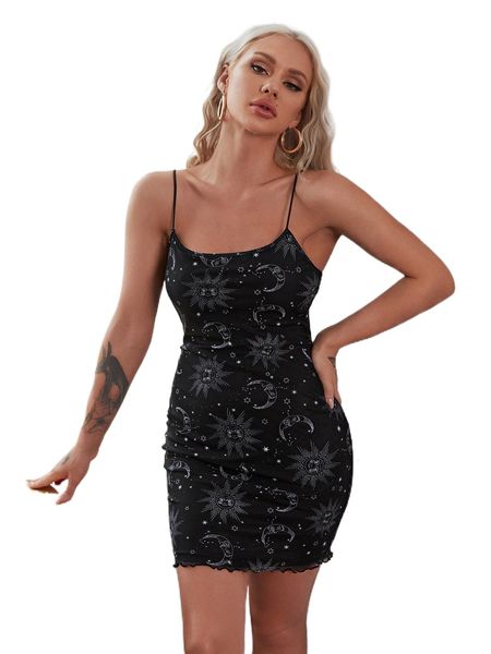 

sun & moon print lettuce-edge mini dress s6zt#, Black;gray