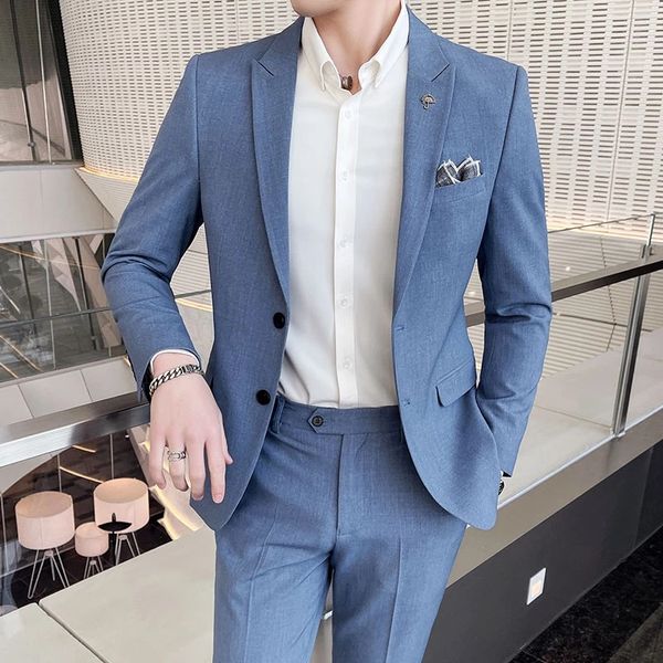 

jacket pants fashion men's pure color leisure suits gray blue black slim fit men business banquet suit set plus size, Black;gray