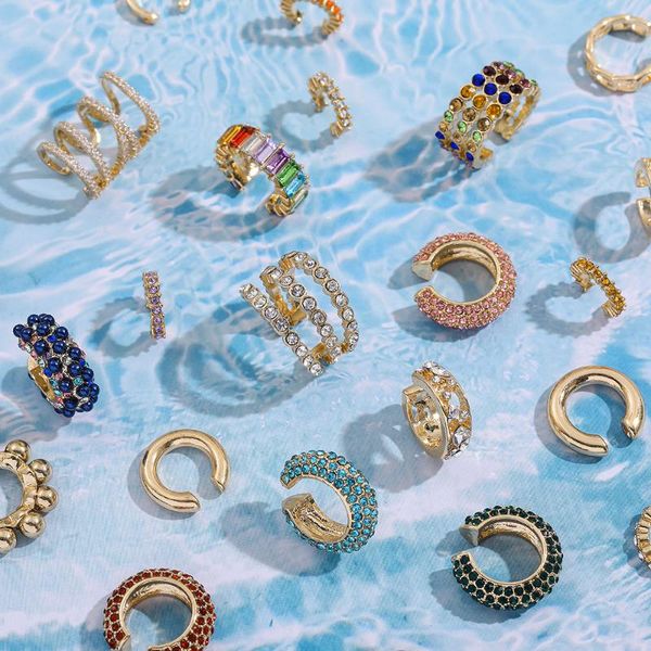 

clip-on & screw back fashion crystal metal ear cuff set for women boho trendy stackable statement rhinestone clip earrings earcuffs jewelry, Silver