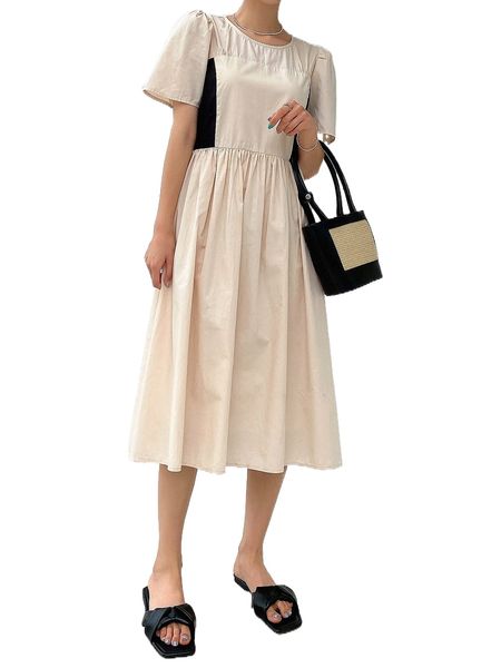 

dazy puff sleeve contrast panel zip back a-line dress d8xe#, Black;gray