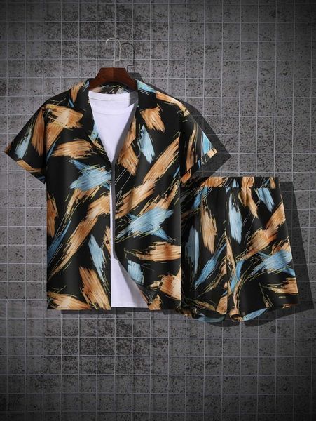

men random brush print shirt & shorts without tee s3p0#, Gray