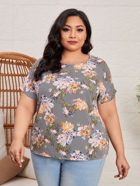 

emery rose plus floral & striped print blouse b3eh#, Black