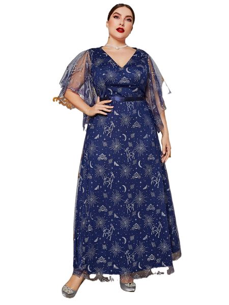 

plus moon and star mesh formal dress k4qx#, Black