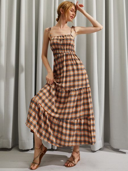 

luukse tartan flounce hem cami dress s8tm#, Black;gray