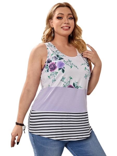

plus floral and striped print tank 35wl#, Black