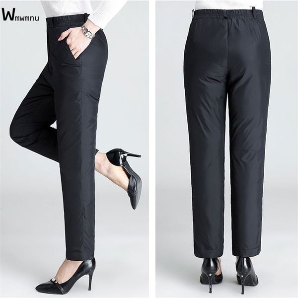 

oversize 5xl warm down pant fashion plus size black high waist baggy trousers elegant slim fit thick cotton 220325, Black;white