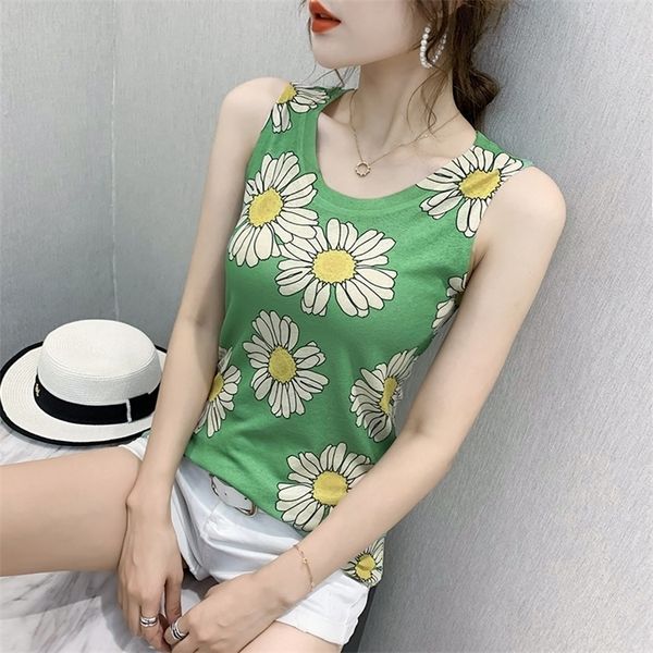 Bahar ve yaz sahne çekim moda kısa paragraf baskılı yelek küçük krizantem kolsuz üst kadın t-shirt 220316