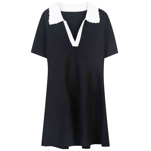 

casual dresses summer knitted dress 2022 black and white color blocking wavy edge temperament lazy wind lapel loose medium length skirt al13, Black;gray