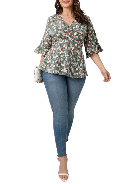 

plus floral print flounce sleeve peplum hem blouse q6ei#, Black