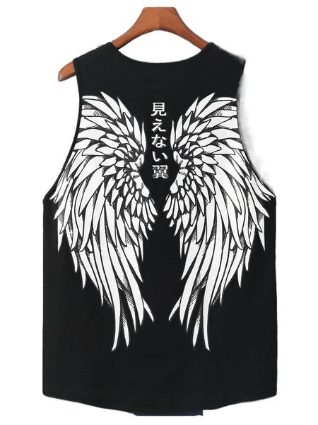 

men random japanese letter & wings print tank p1di#, White;black