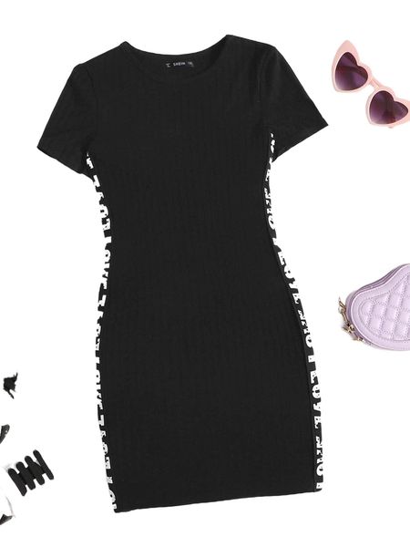 

plus letter tape panel dress 25ws#, Black