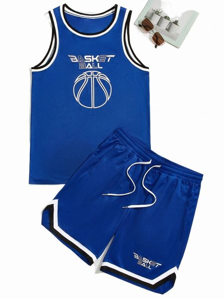 

men letter & basket ball print tank & drawstring waist shorts e4lx#, Gray