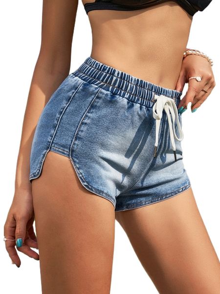 

high waist drawstring asymmetrical hem denim shorts z6nc#, White;black
