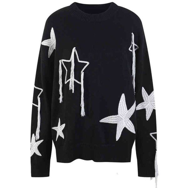 

women's knits tees tassel pentagonal star jacquard black and white contrast round neck lazy style men women alike early spring loose ne