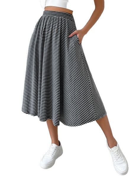 

striped slant pocket flare skirt b0wd#, Black