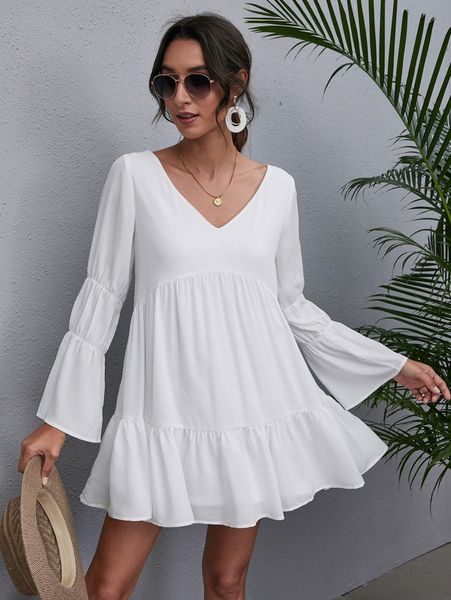 

flounce sleeve ruffle hem solid dress b8ep#, Black;gray
