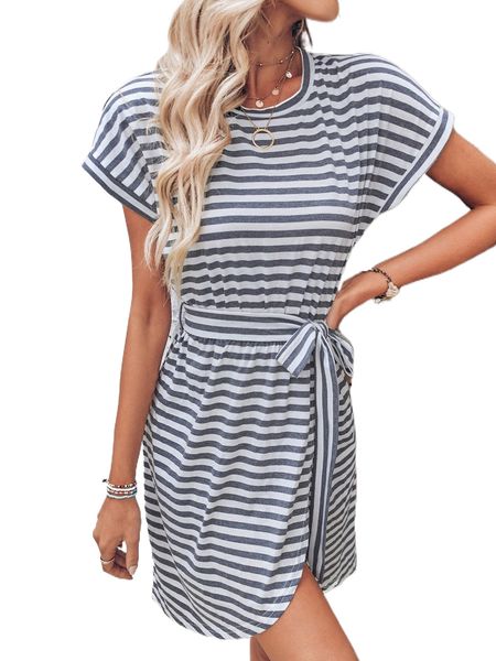 

striped dolman sleeve belted dress 01ge#, Black;gray