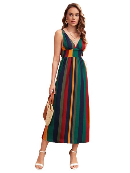 

tie backless striped print dress g71t#, Black;gray