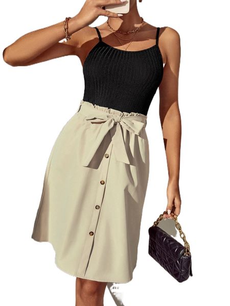 

frill trim button front cami dress z1mf#, Black;gray