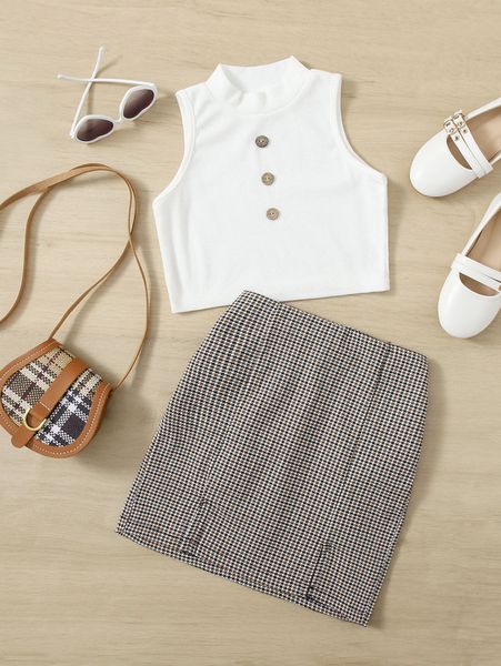 

girls button front tank & houndstooth print skirt set she, White