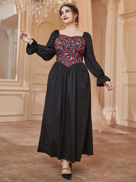 

plus floral print flounce sleeve sweetheart neck dress c5st#, Black