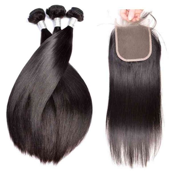

9a 100 unprocsed human hair weav with lace closure silk straight brazilian peruvian remy bundl and closure, Golden;white