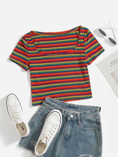 

rainbow stripe scoop neck tee v1jl#, White