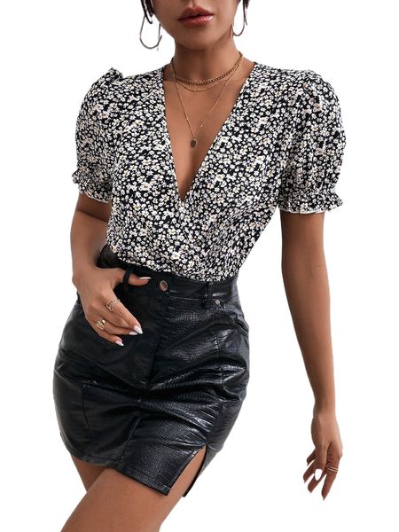 

puff sleeve ditsy floral bodysuit 50rc#, White