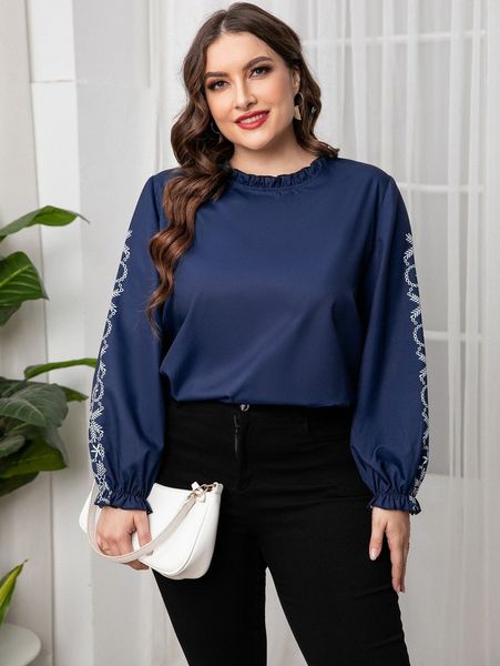 

plus plants embroidery frilled neck blouse g0oc#, Black